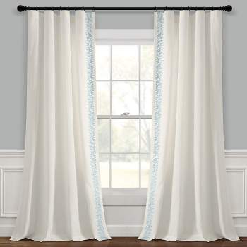 Luxury Modern Flower Linen Like Embroidery Border Window Curtain Panel Off White/Blue Single 52X84