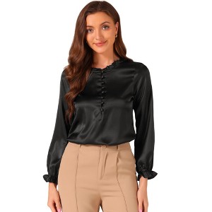 Allegra K Women's Ruffle Neck Long Sleeve Elastic Cuff Button Office Satin Blouse - 1 of 4