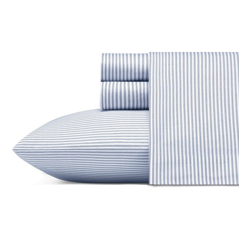 Photos - Bed Linen Twin Printed Pattern Percale Cotton Sheet Set Blue Stripe - Poppy & Fritz