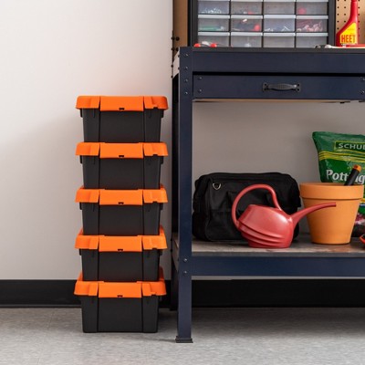 Heavy Duty Black and Orange Stackable Plastic Storage Bins with Lids
