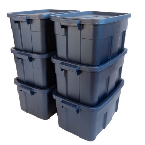 Rubbermaid Roughneck Tote 14 Gallon Stackable Storage Container W Stay Tight Lid Easy Carry Handles Dark Indigo Metallic 6 Pack Target