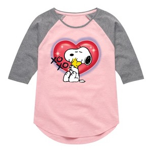 Girls' - Peanuts - Snoopy Woodstock Airbrush Heart Shirt Tail Raglan Graphic T-shirt - 1 of 4