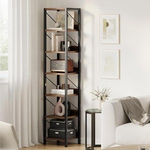 Homhougo Narrow Bookshelf Tall Skinny Bookcase 6 Tier Storage Rack Rustic Corner Shelf Metal Frame Small Freestanding Bookshelves , Brown - 1 of 4