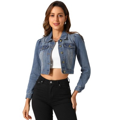 INSPIRE CHIC Women's Basic Puff Sleeve Washed Lightweight Cropped Denim Jacket