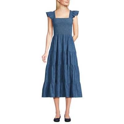Lands' End Women's Chambray Smocked Dress with Ruffle Straps