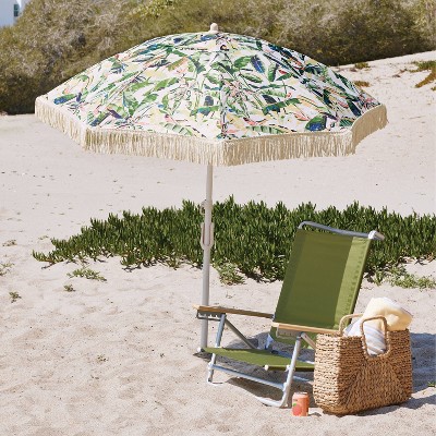 6.5&#39;x6.5&#39; Outdoor Patio Beach Umbrella with Boho Fringe Tropical Green - Threshold&#8482;_1