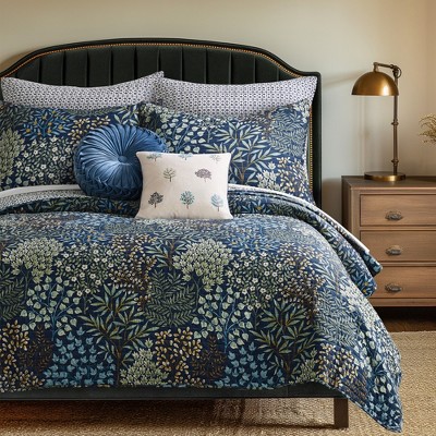 Navy Botanical Cotton Twin Reversible Quilt Set