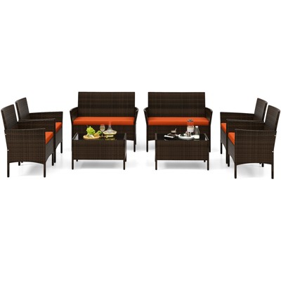 Tangkula Set of 8 Furniture Set w/ Washable Cushions & Tempered Glass Coffee Table