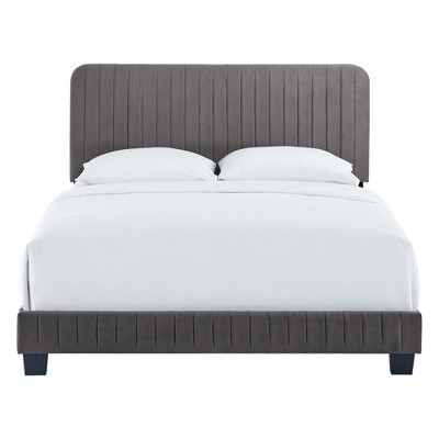 Opulent Gray Velvet Channel-Tufted Full Bed with Wood Frame