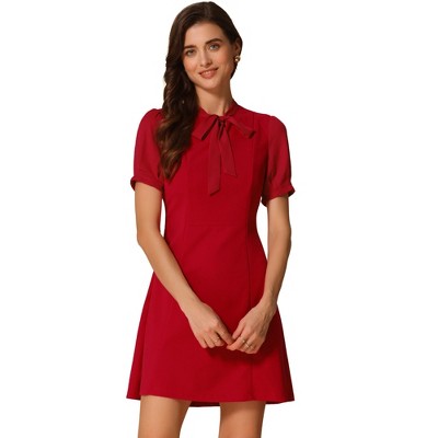 INSPIRE CHIC Women's Bow Tie Keyhole Neck Puff Sleeve Elegant Work Dress