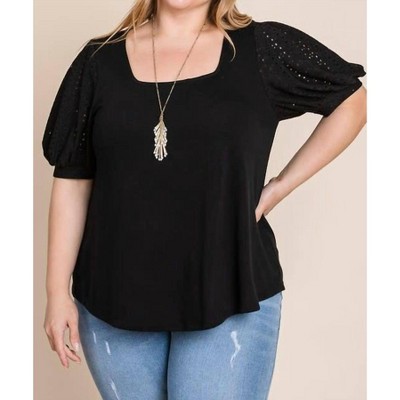 Women's Eyelet Bubble Sleeves Solid Knit Top - Emerald Collection