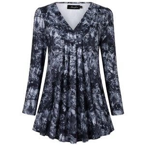 Women's Plus Size Long Sleeve V Neck Tunic Tops Pleated Flowy Tee Shirt Causal Loose Blouse, Black Tie Die, 4XL - 1 of 4
