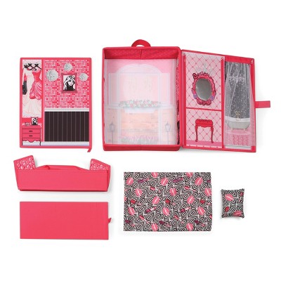Pink Multi-Color Fabric MDF Dollhouse Playset with Bed and Bedding