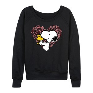 Women's - Peanuts - Snoopy Woodstock Xo Heart Lightweight French Terry Wide Neck Long Sleeve Shirt - 1 of 4