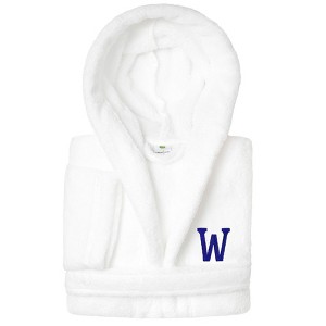 Personalized Linum Kids 100% Polyester SUPER PLUSH Double Brushed Hooded Bathrobe in Navy Bookman Font - 1 of 3
