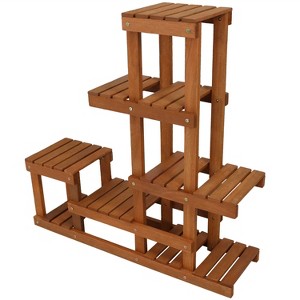 Sunnydaze Indoor/Outdoor Meranti Wood with Teak Oil Finish 7-Tiered Succulent Flower Plant Stand Display Shelf - 36" - Brown - 1 of 4