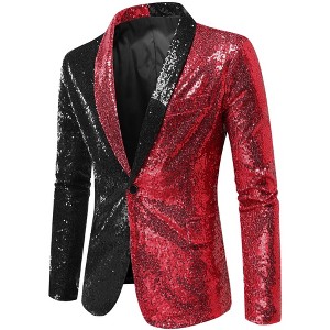 INSPIRE CHIC Men's Shawl Lapel Party Disco Shinny Color Block Sequin Blazer - 1 of 4
