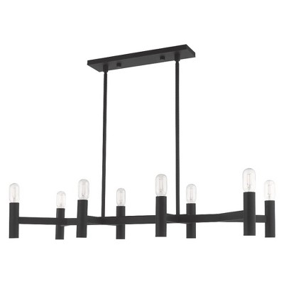 Black Steel 8-Light Linear Chandelier with Exposed Bulbs