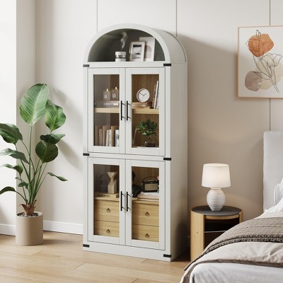 Arched Pantry Cabinet Wood Bookcase with 2 Drawers Farmhouse Kitchen Cupboard Modern Display Storage Cabinet