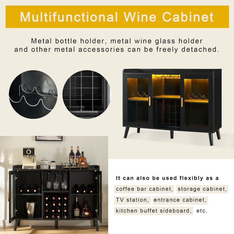 Black Decorative Storage Cabinets with LED and Storage Shelves , Home Coffee Cabinet with Glass Rack - Maison Boucle, 5 of 11