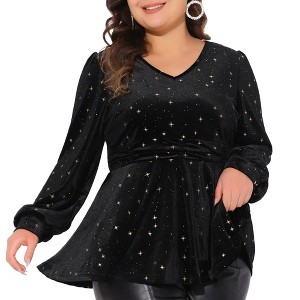 Agnes Orinda Women's Plus Size Elegant Shiny Gilding Metallic Stars Peplum V Neck Long Sleeve Velvet Blouse - 1 of 4