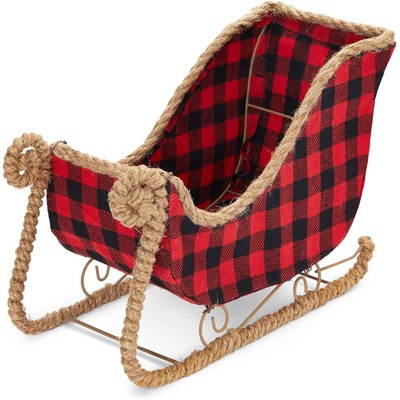 Okuna Outpost Small Santa Claus Christmas Sleigh Decoration, Red Buffalo Plaid Table Centerpiece for Holiday Decor, 11 x 5 x 7.8 In