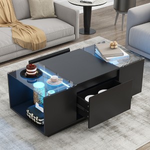 PAGED Modern Spliced Glass Top Coffee Table with Storage Drawers & High-Gloss Finish,Functional Open Storage Center Table for Living Room,Bedroom - 1 of 4