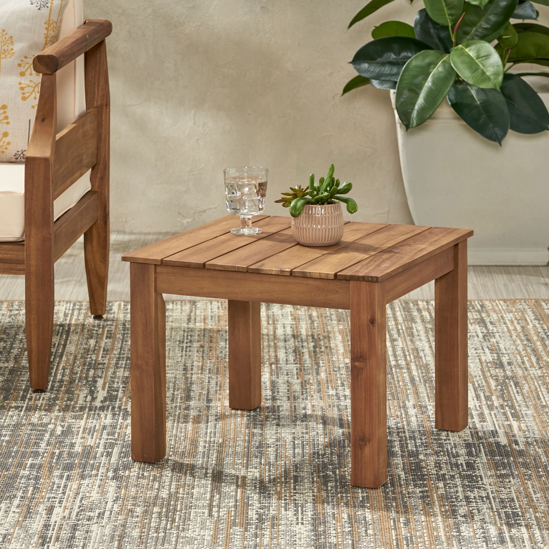 Outdoor Square Wood Side Table, Slatted Patio Accent Table for Garden, Balcony, Porch and Deck, Brown