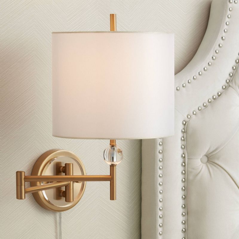 Possini Euro Design Kohle Modern Swing Arm Wall Lamp Polished Brass Plug-in Light Fixture White Inner Sheer Outer Drum Shade for Bedroom Bedside House, 2 of 10