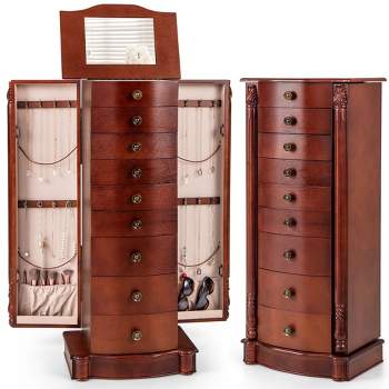 Costway Wood Jewelry Cabinet Storage Chest Stand Organizer Necklace