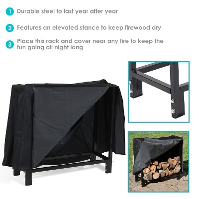 Black Steel Indoor/Outdoor Firewood Log Rack with Protective Cover