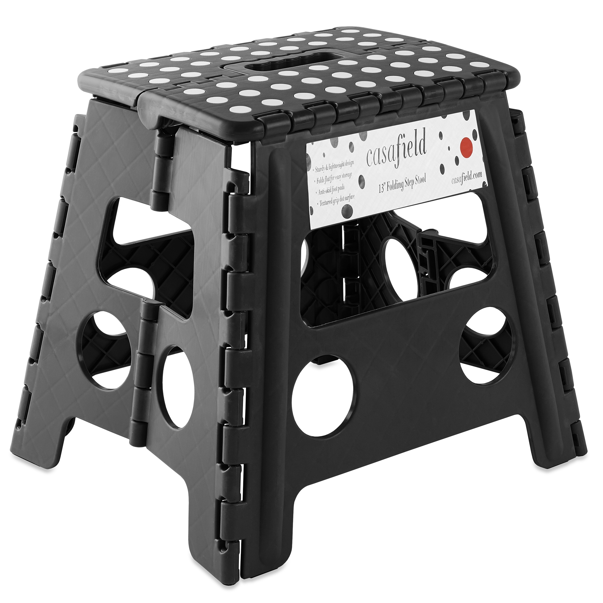 Casafield 13" Folding Step Stool with Handle - Black, Collapsible Foot Stool for Adults, Use in Kitchen and Bathroom