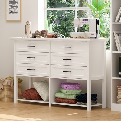 Famapy 6 Drawer Horizontal Dresser Bottom with Shelf Living Room Storage Cabinet White