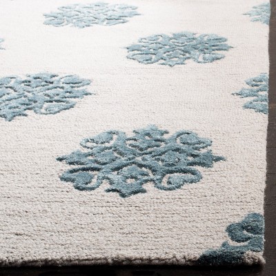 Ivory and Light Blue Hand-Tufted Wool Runner Rug