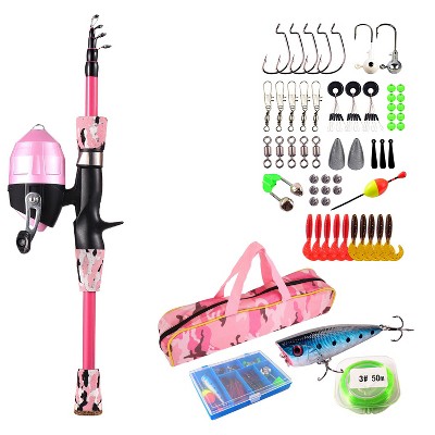iMountek "Kids Fishing Pole Set with Telescopic Rod, Reel, Tackle Box & 56 Pcs Lures for Boys & Girls" Pink 1.5M Length