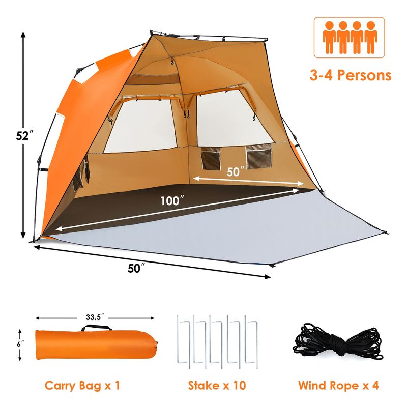 Costway 3-4 Person Easy Pop Up Beach Tent UPF 50Plus Portable Sun Shelter Orange/Blue, 3 of 11