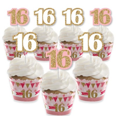 Big Dot of Happiness Sweet 16 - Cupcake Decoration - 16th Birthday Party Cupcake Wrappers and Treat Picks Kit - Set of 24