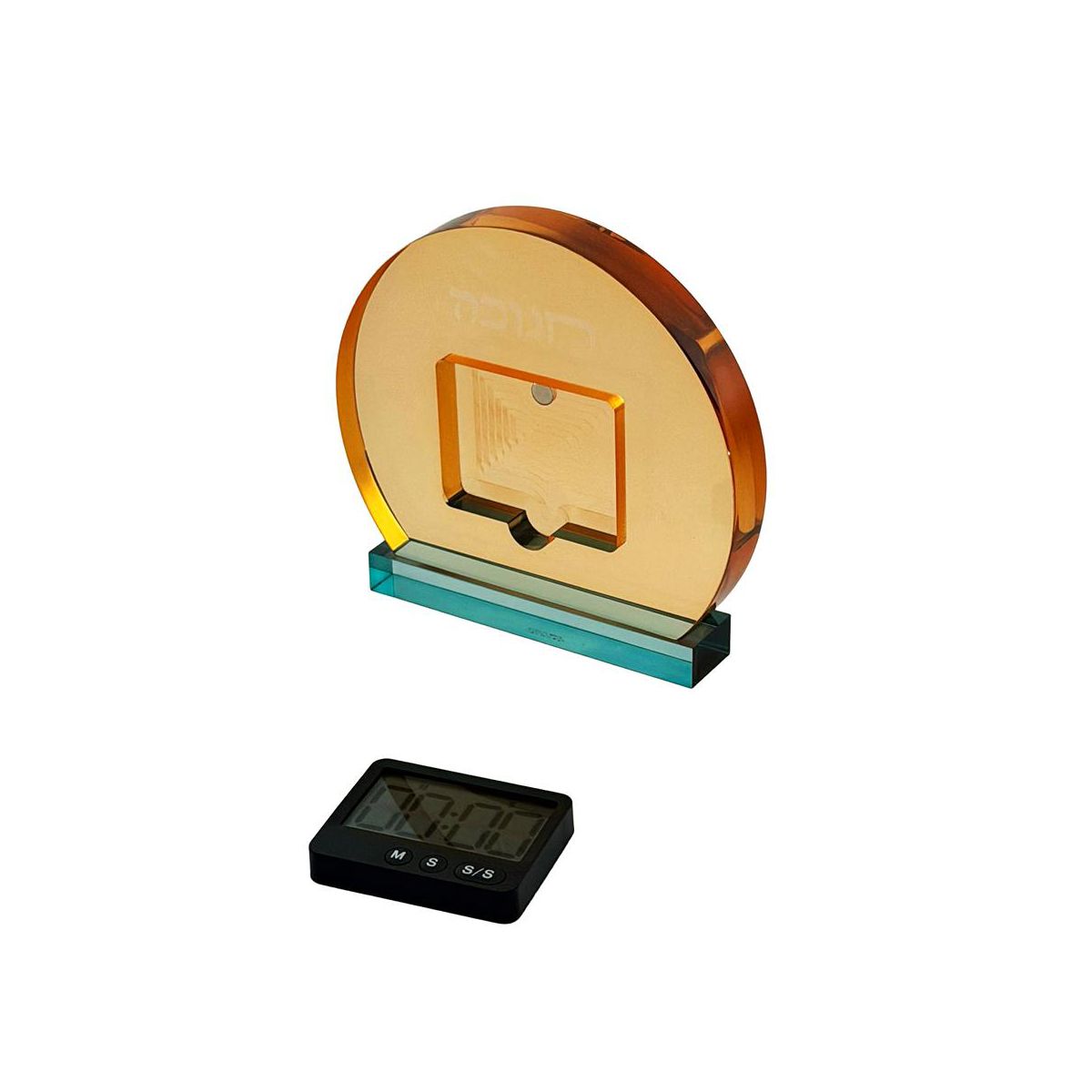 Amber & Teal Lucite Chanukah Timer White, Elegant Hanukkah Judaica Decor with Digital Clock Display - thumbnail 2