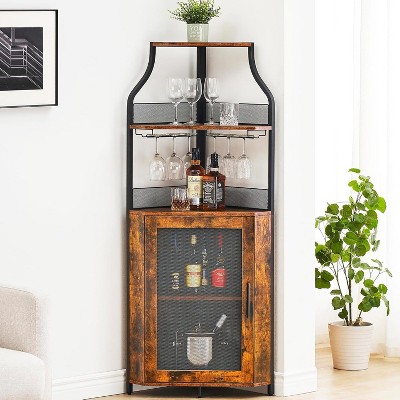 Corner Bar Cabinet with Glass Holder, Industrial Wine Cabinet with Adjustable Shelf, Liquor Cabinet Bar Cabinet, Corner Display Cabinet