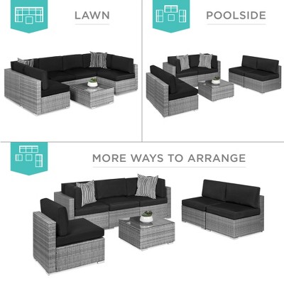 Gray and Black 7-Piece Outdoor Wicker Sectional Set with Tempered Glass Table