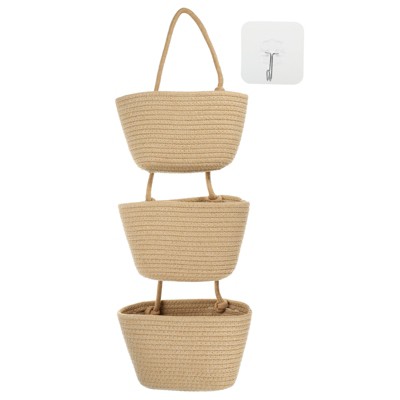 Unique Bargains Wall Mounted 3 Tier Cotton Rope Woven Bedroom Hanging Basket Bedroom