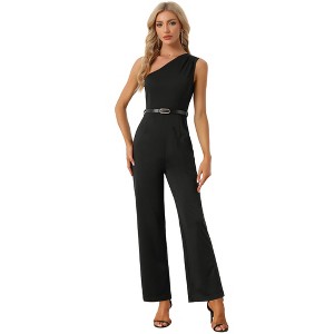 Allegra K Women's One-Shoulder Dressy Sleeveless Belt Wide Leg Rompers - 1 of 4