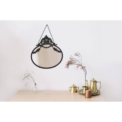 Vintage Black Pewter Round Wall Mirror with Decorative Chain