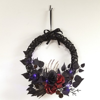 Lakeside Lighted Gothic Rose Halloween Wreath with Faux Red Rose Accents