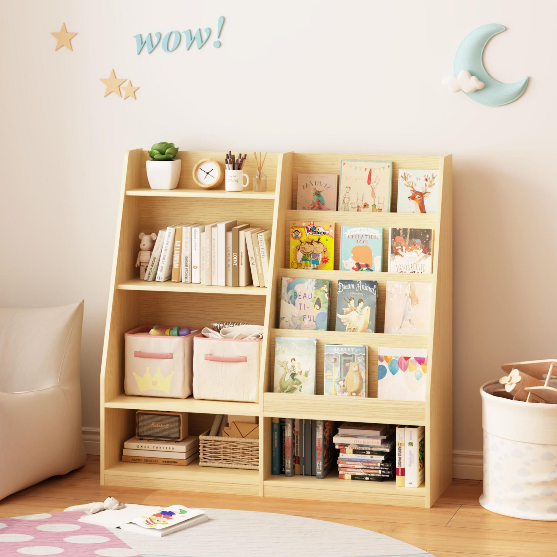 KTMBDW Kids Bookshelf and Toy Storage - 4 Tier Wood Book Shelf for Kids Rooms, Bookshelf Baby Bookcase for Nursery, Montessori Toy Organizer