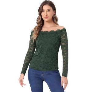 Allegra K Women's Off Shoulder Floral Lace Sheer Long Sleeves Lined Casual Blouse - 1 of 4
