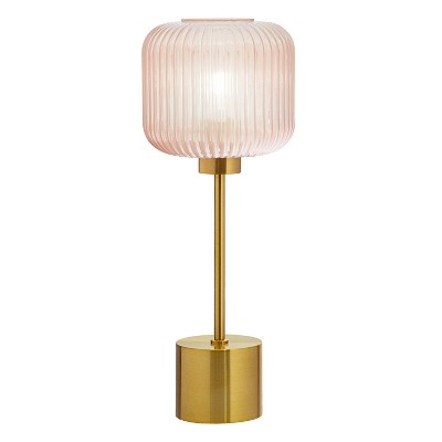 21.25" Brushed Gold Metal Table Lamp with Pink Glass Shade