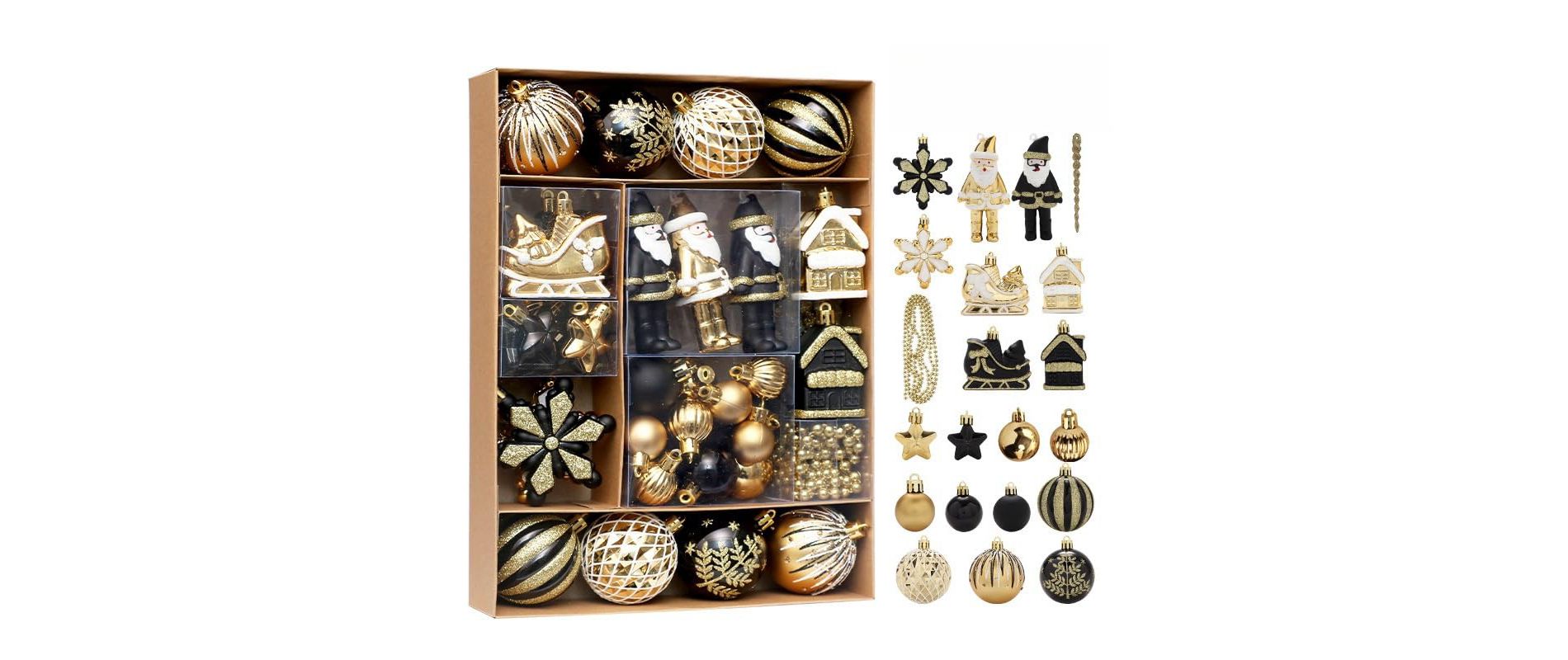 Orieon 50PCS  Black Gold Christmas Ornament Set with Mixed Designs, Shatterproof Colorful Tree Decorations, Hanging Ornaments Set for Xmas Tree