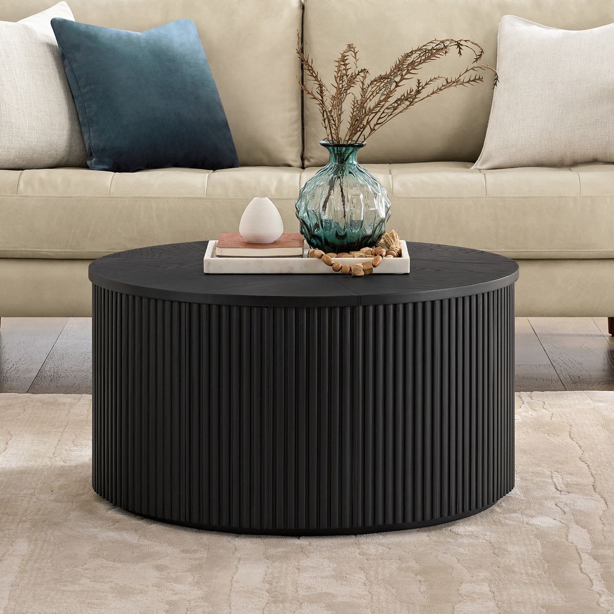 Alaterre Furniture Amos Round Coffee Table for Living Room - 30 Inch Solid Wood Center Table - Mid Century Modern Living Room Furniture (Black) - thumbnail 2