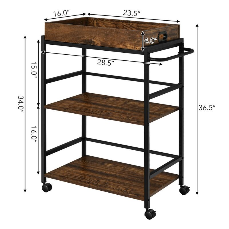 Costway 3-Tier Rolling Bar Cart Kitchen Serving Cart w/ Removable Tray & Handle, 2 of 11
